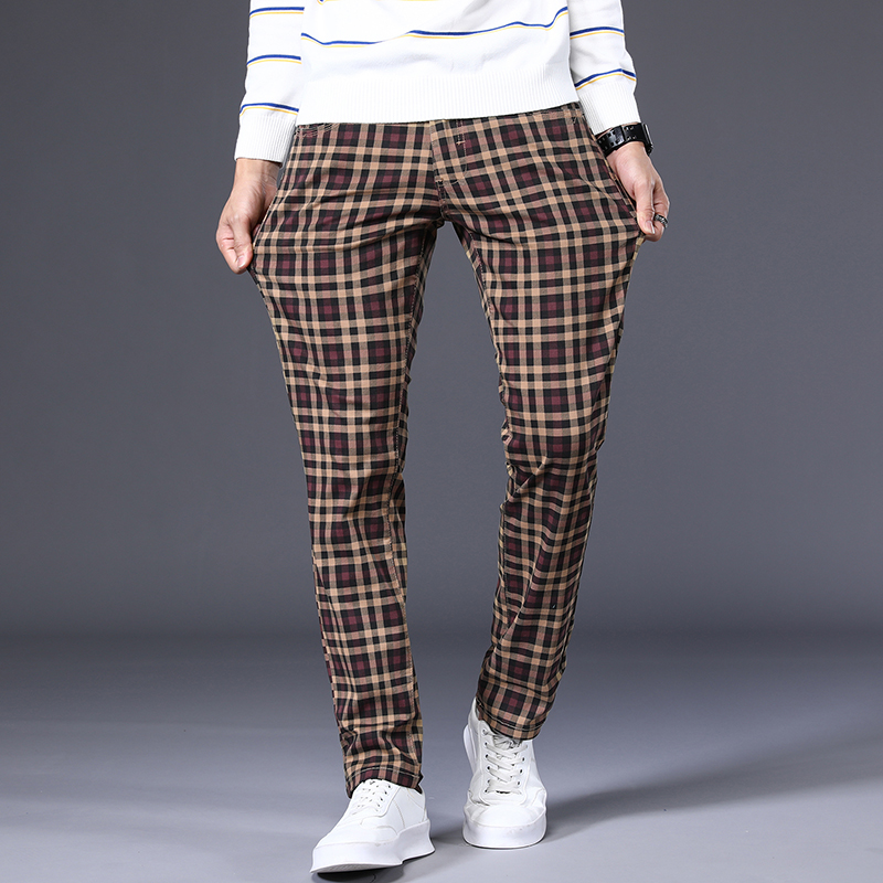 Mens Fashion Young - Pantalon slim décontracté à carreaux classiques