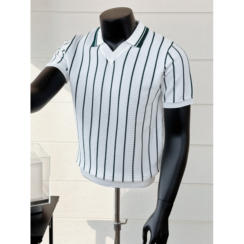 Polo d'été en soie glacée rayé - Men'S Fashion V Neck T Shirts avis et prix