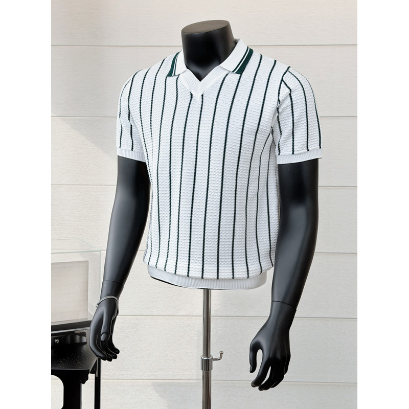 Polo d'été en soie glacée rayé - Men'S Fashion V Neck T Shirts avis et prix